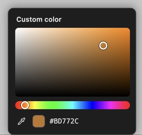 The custom color picker with saturation/value square, hue strip, and eyedropper